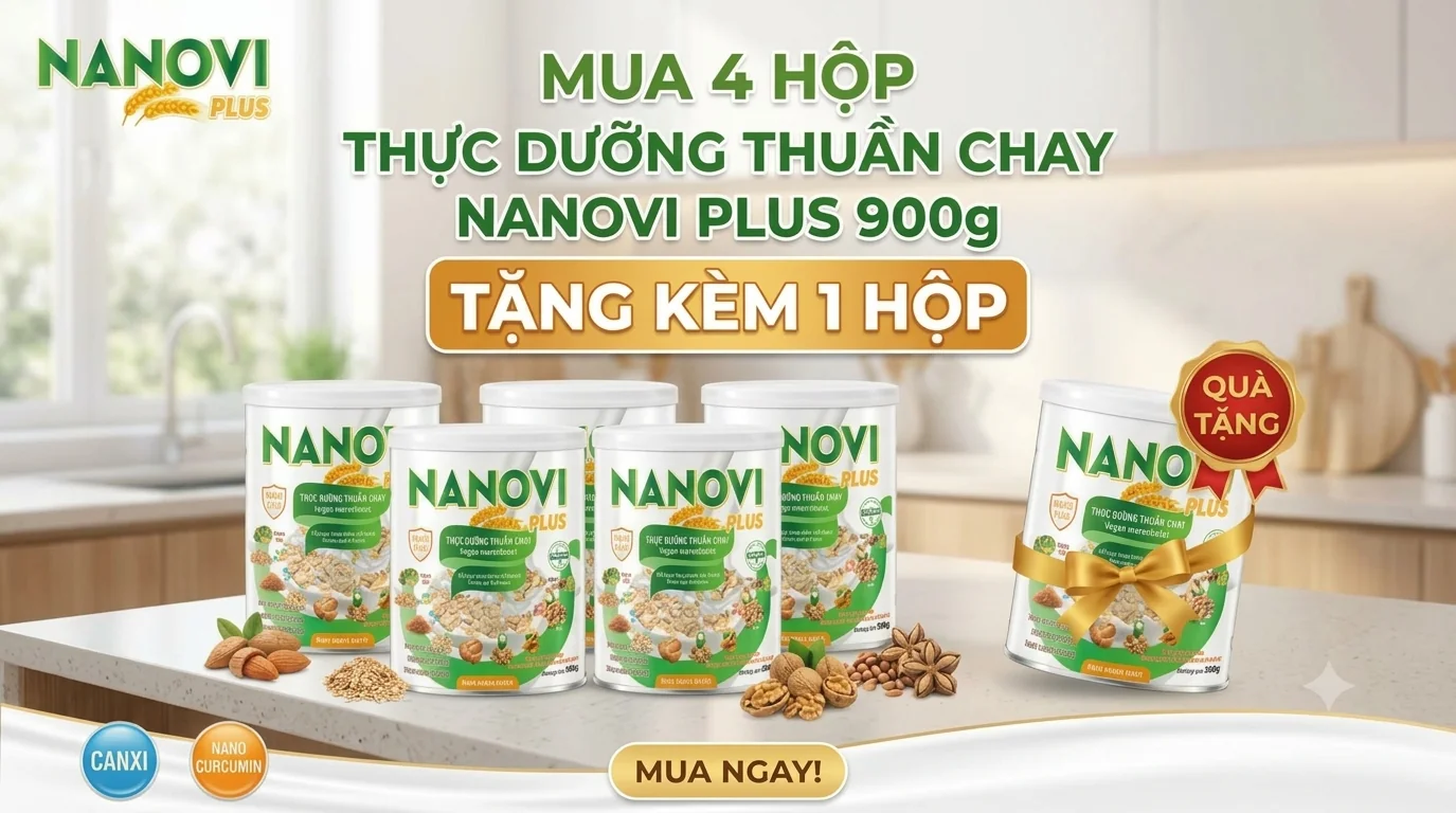 Mua 4 Hộp Thực Dưỡng Thuần Chay Nanovi Plus 900g Tặng kèm 1 Hộp