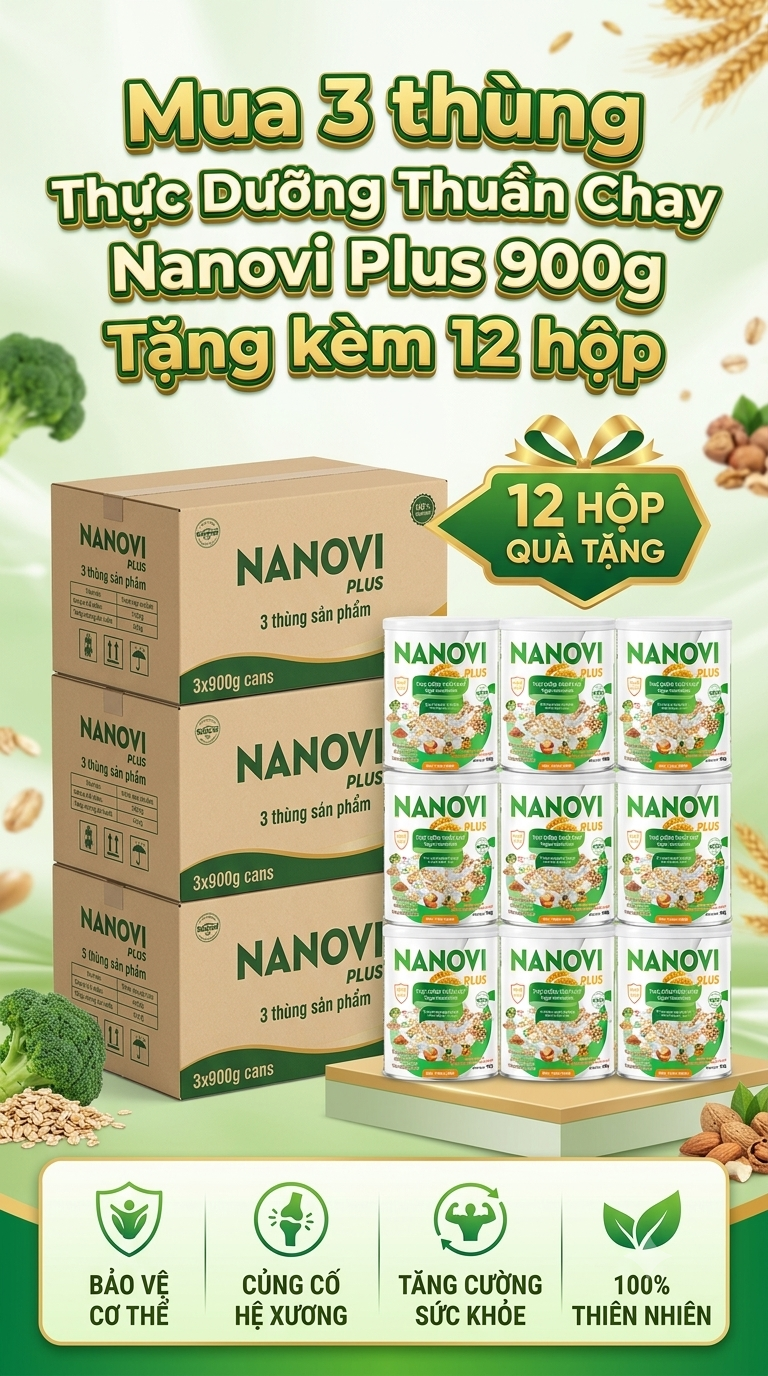 Mua 3 thùng ( 36 hộp ) Thực Dưỡng Thuần Chay Nanovi Plus 900g Tặng kèm 12 hộp